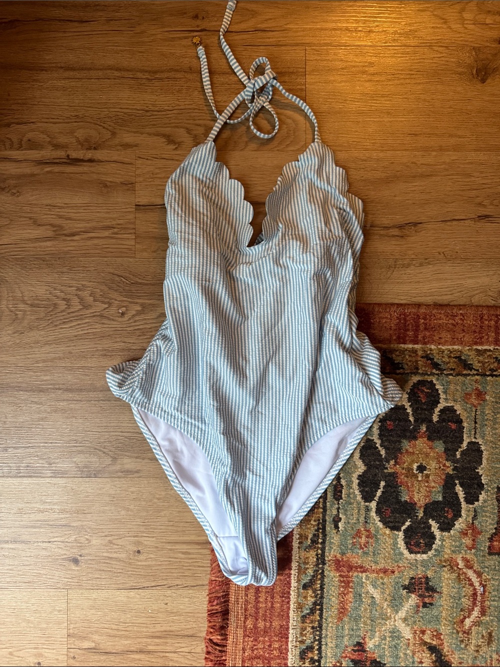 Jessica Simpson Light Blue and White Striped Scallop One-Piece Swimsuit